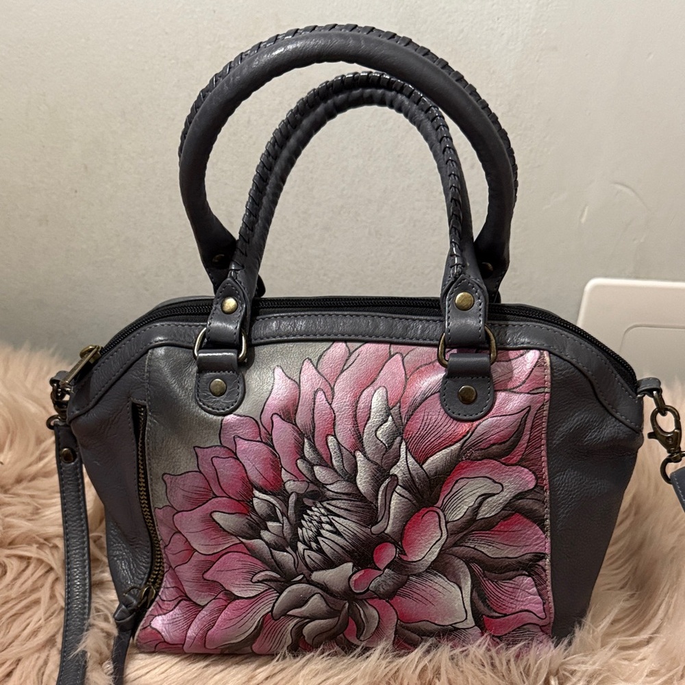 RARE Anuschka Floral Gray and Pink Handbag small to medium